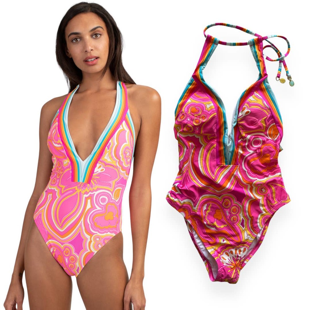 NEW Trina Turk Morning Sunrise Plunge One-Piece Swimsuit Pink Orange Halter Sz 4